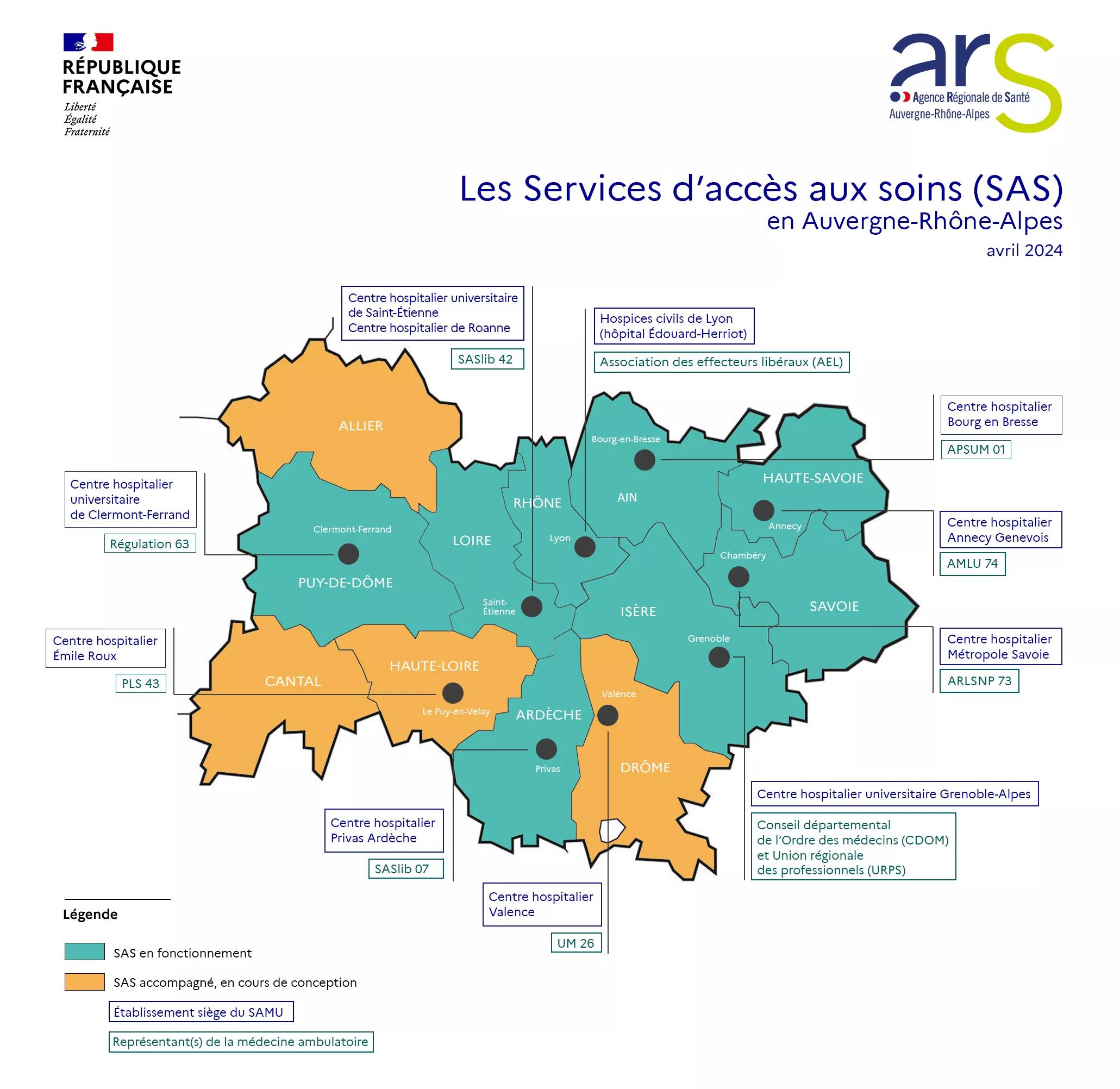 Cartographie Les SAS en Auvergne-Rhône-Alpes, voir description détaillée ci-dessous